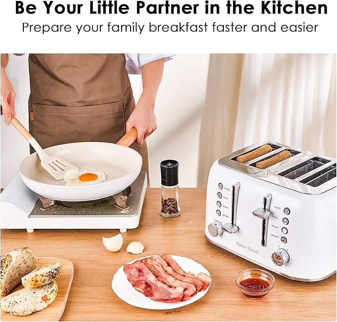 Roter Mond Toaster 4 Slice Retro Stainless Steel with Extra Wide Slots Bagel, Defrost, Reheat Function, Dual Independent Control Panel, Removable Crumb Tray, 6 Browning Levels, White