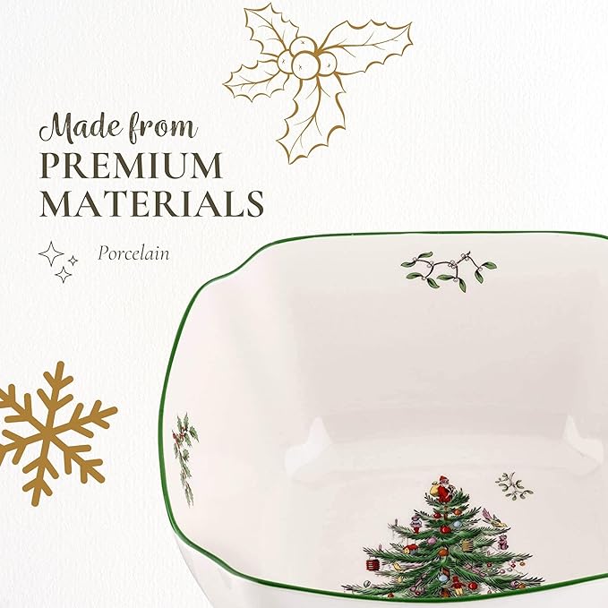 Spode Christmas Tree 10-Inch Square Serving Bowl - Durable Porcelain Bowl for Appetizers & Holiday Dishes - Iconic Christmas Design with Green Trim - Microwave & Dishwasher Safe for Festive Gatherings