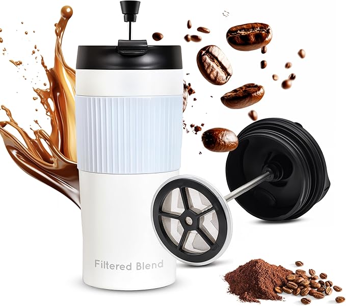 15oz Double Wall Stainless Steel Insulated French Press Coffee and Tea Maker - Portable Camping Tea, Coffee Mug and Tumbler (White)