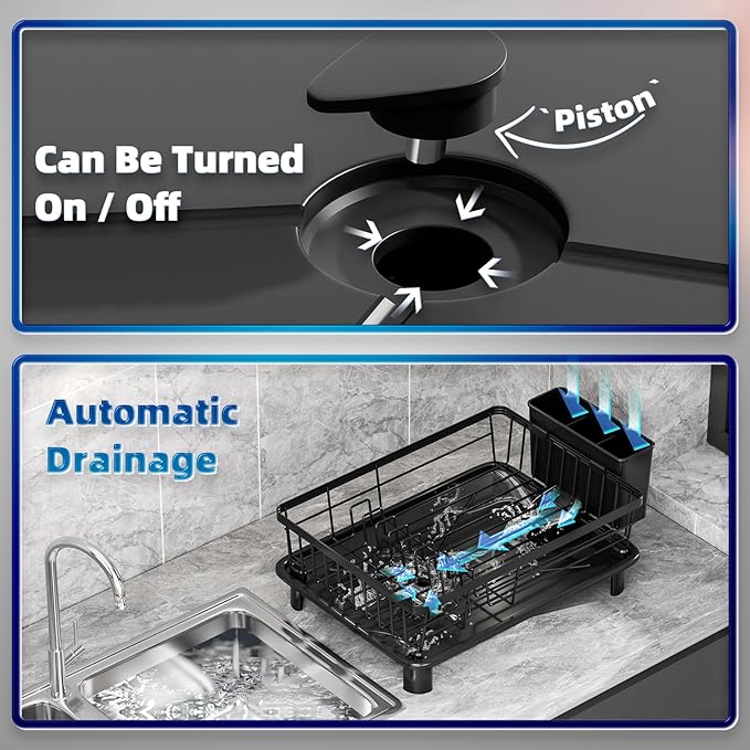 2 Tiers Dish Drying Rack, Space-Saving Dish Racks for Kitchen Counter, Dish Drainer Drying Rack with Drainboard, Utensil Holder Cups Holder Plate Rack and Automatic Drainage Drainboard, Black