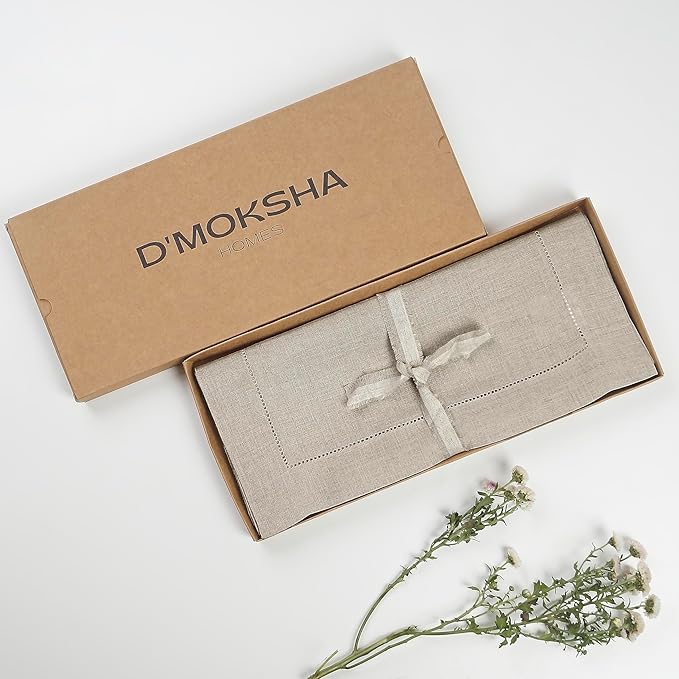 D'Moksha Homes Linen Natural Table Runner 108 Inches Long - 100% Pure Linen 14 x 108 Inch Table Runner for Summer, Fall and Halloween - Classic Hemstitch