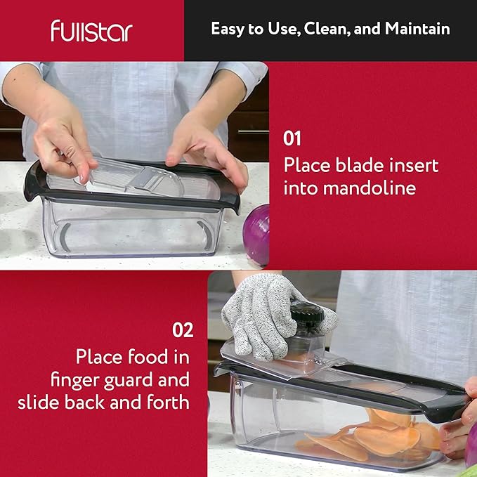 Fullstar Mandoline Slicer for Kitchen, Fruit Cutter, Cheese Grater, Cucumber Slicer, Veggie Spiralizer, Food Cutter & Kitchen Gadgets with Safety Glove (11 in 1, Clear)