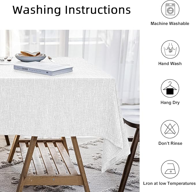 Waterproof Cotton Linen Tablecloths Rectangle Dining Table Cloth, Wipe Clean Indoor & Outdoor Table Cover for Buffet Party and Banquets, Wrinkle Resistant（54"x120"） White