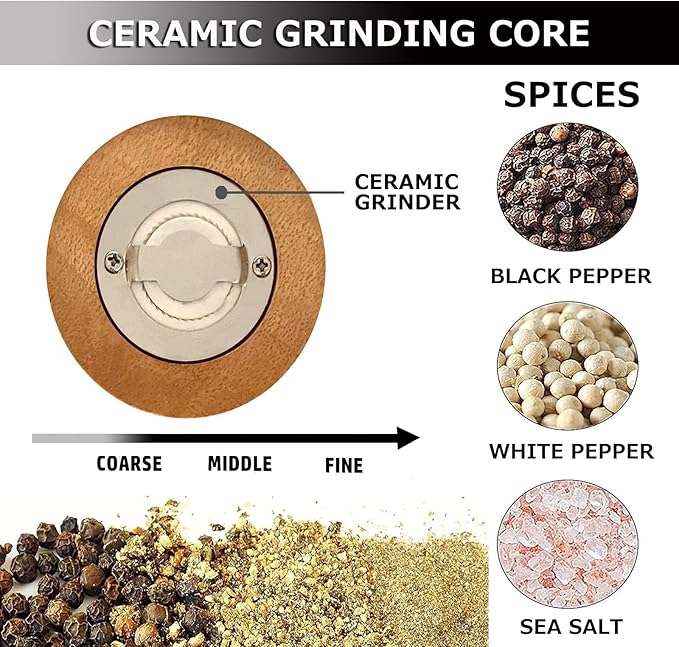 Pepper Mill Classical Roast Black Manual Wood Pepper Grinder Set, Zinc Alloy Handle Shakers Adjustable Coarseness Retro Style Wood Salt & Pepper Mill Sets，Enjoy Fresh Pepper (2pcs-5in)