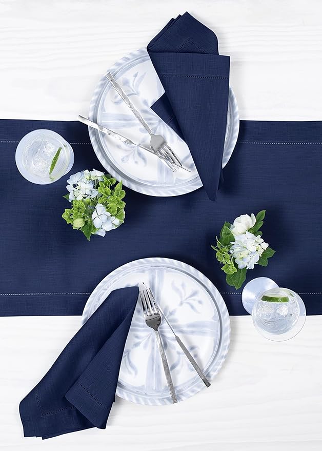 Solino Home Linen Navy Table Runner 120 Inches Long - 100% Pure Linen Hemstitch 14 x 120 Inch Table Runner for Dining, Summer, Fall, Autumn - Classic Hemstitch