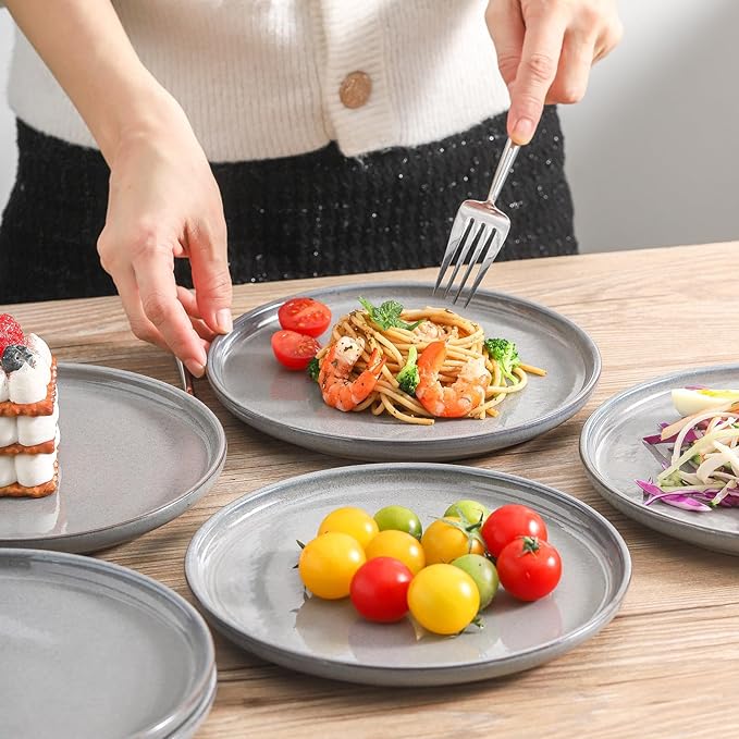 Ceramic Dinner Plates Set of 4,Stoneware 8 Inch,Microwave,Dishwasher and Oven Safe,Porcelain Dessert Plates for Pasta,Salad and Steak,Dishes Set for Kitchen,Scratch Resistant,Gray