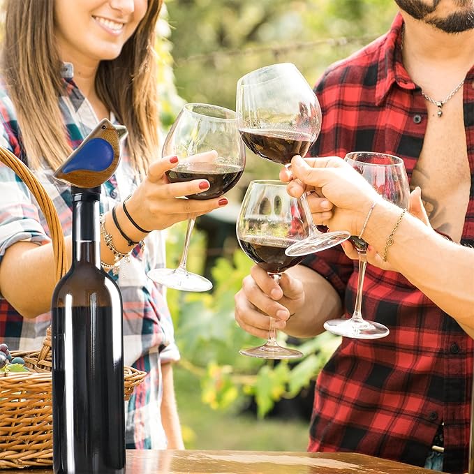 Wine Bottle Pourer, Fun Wine Pourer Spout Sings While It Pours, Airtight Wine Bottle Sealer, Acacia Wood with Blue Wings