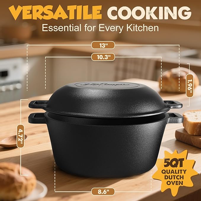 Cast Iron Dutch Ovens for Sourdough Bread Baking, 5 QT Pre-Seasoned Dutch Oven Pot with Lid, Bread Baking Supplies Set, Multi-Functional Braising Cast Iron pot for Baking, Sourdough Starter Kit