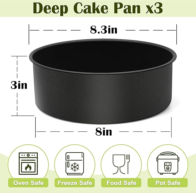 E-far 8 x 3 Inch Cake Pan Set of 3, Nonstick Stainless Steel Round Cake Pans Tin for Baking Birthday Wedding Layer Cakes, Stainless Steel Core & Non-toxic Coating, Deep & Straight Side