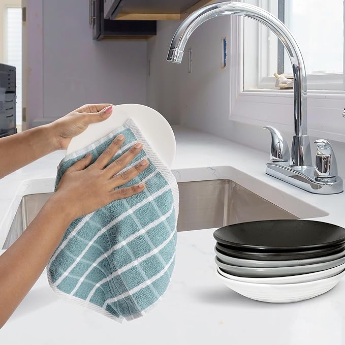 Urban Villa Dish Cloths Terry Cotton Pack of 6, Highly Absorbent Quick Drying Super Soft Premium Dish Towels for Kitchen with Hanging Loop Hand & Tea Towels - 12x12 Inch, (Aqua & White, Checks)