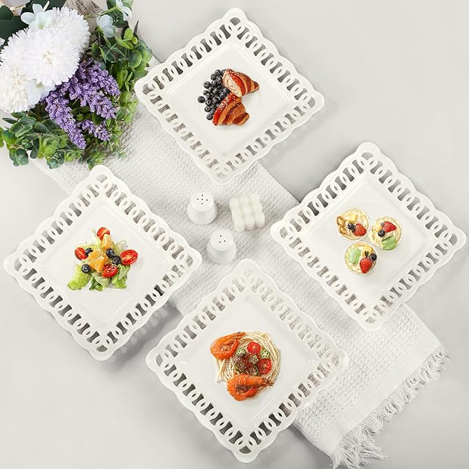 Ceramic Square Dinner Plates, 11 inch Square Serving Plate Set of 4 for Steak Pasta Salad Snacks Pizza Appetizer, New Bone Porcelain Plates with Lace Rim, Party Wedding Birthday Christmas Gift, White