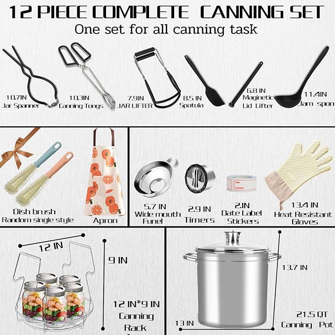Canning Pot Water Bath Canner Stock Pot,Canning Kit for Beginners, Canning Supplies with Rack,Lid & Starter Tools Kits Stainless Steel Water Bath Canner 21.5 QT Starter Kits