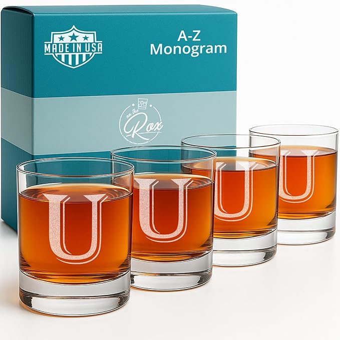Monogrammed Gifts for Men - 4PC 11 Oz Custom Whiskey Glasses (U-Monogram) - Engraved Whiskey Glasses - Personalized Whiskey Glasses - Unique Bourbon Glasses - Personalized Glass Gifts for Dad