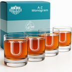 Monogrammed Gifts for Men - 4PC 11 Oz Custom Whiskey Glasses (U-Monogram) - Engraved Whiskey Glasses - Personalized Whiskey Glasses - Unique Bourbon Glasses - Personalized Glass Gifts for Dad