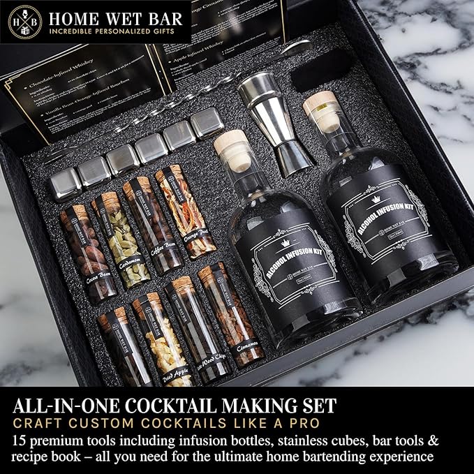 Premium DIY Whiskey Making Kit – 15-Piece Cocktail Infusion Set with Recipe Guide, Glass Bottles, Stainless Cubes, & Bar Tools – Ideal for Whiskey, Bourbon, Vodka, Gin, & Tequila Enthusiasts