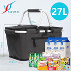Picnic Basket, SIYUAN Collapsible Market Basket Insulted Cooler with Handles 27L Large Farmers Grocery Basket with Lid Portable Tote Bag, Black