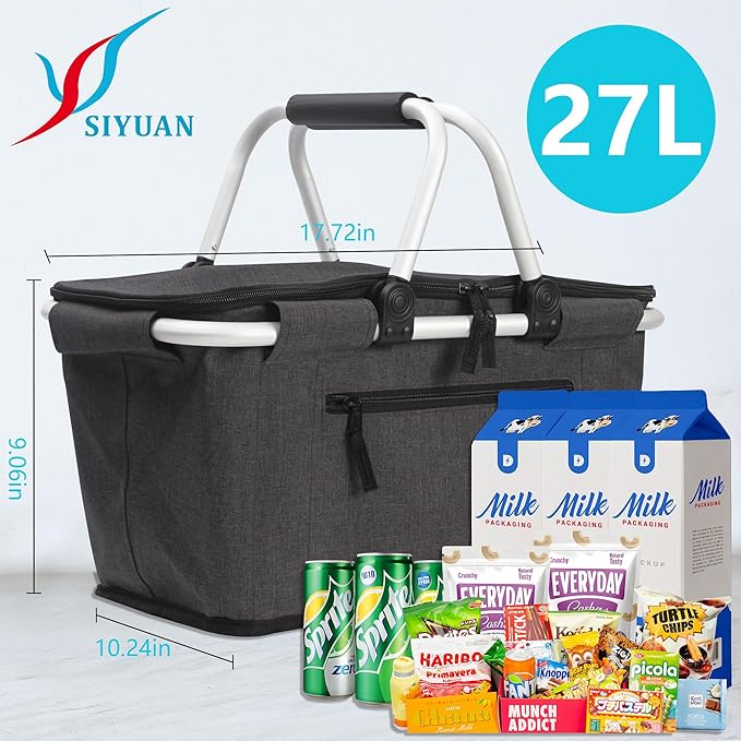 Picnic Basket, SIYUAN Collapsible Market Basket Insulted Cooler with Handles 27L Large Farmers Grocery Basket with Lid Portable Tote Bag, Black