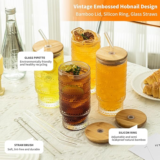 Romantic Highball Drinking Glasses Set of 4, Beaded Glassware, 16oz XL Hobnail Glassware, Vintage Glassware Set, Embossed Vintage Drinking Glasses for Beer, Cocktail, Soda (4PCS-16oz with lid)