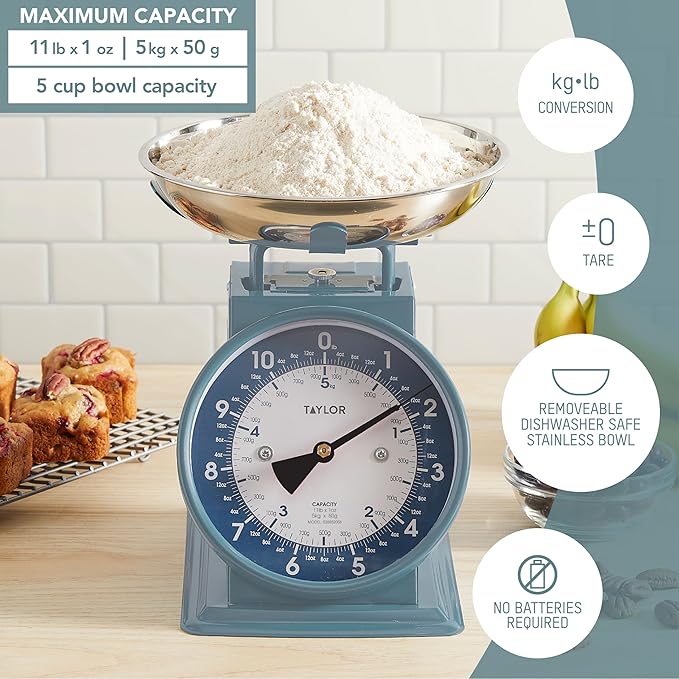 Taylor Mechanical Kitchen Weighing Food Scale with Bowl, Weighs up to 11lbs, Measures in Grams and Ounces, Food Scales for Kitchen, Storm Blue