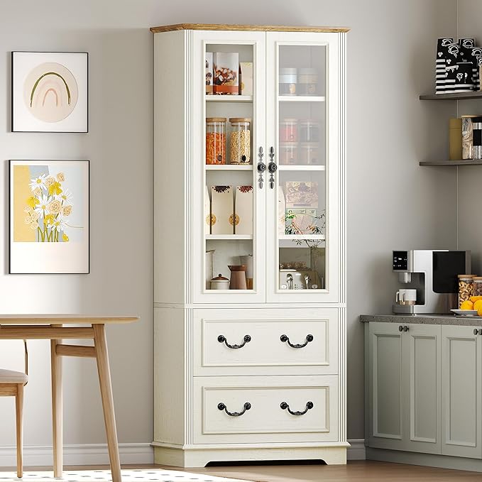 DWVO 76" Kitchen Pantry Storage Cabinet, Freestanding Display Cabinets with Glass Doors & Adjustable Shelves & Drawers, Tall Farmhouse Cupboard for Dining Room, Living Room, Bathroom, White Walnut