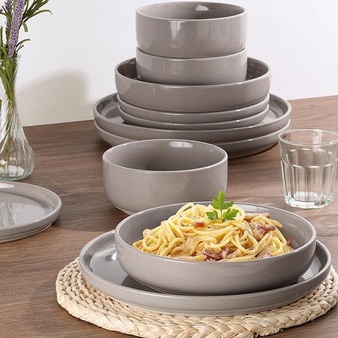 HaWare 16-Piece Plates and Bowls Set for 4, Stoneware Dinnerware Sets with Pasta Bowl, Dishes Set for Home Restaurant, Speckled Cream Coffee