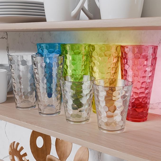 Amazing Abby - Iceberg - 16-Ounce and 24-Ounce Plastic Tumblers (Set of 12), Acrylic Drinking Glasses, Mixed-Color Reusable Plastic Cups, Stackable, BPA-Free, Shatter-Proof, Dishwasher-Safe