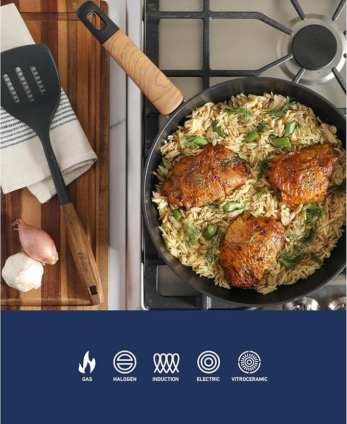 Oster Platinum Oxburg 10 Inch Frying Pan Forged Aluminum PFA Free Non-toxic Premium Ceramic Non Stick Interior Skillet, Kitchen Egg Pan, Omelet Pan - Black w/Wood Handles