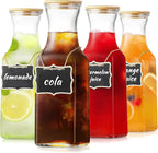 Set of 4 Square Glass Carafe, 1 Liter Beverage Serveware Carafe with Bamboo Lid, Water Bottles, Clear Glass Pitchers for Mimosa Bar, Milk, Juice, Lemonade(4 Bottles)