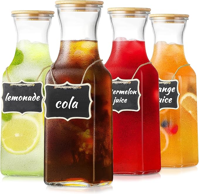 Set of 4 Square Glass Carafe, 1 Liter Beverage Serveware Carafe with Bamboo Lid, Water Bottles, Clear Glass Pitchers for Mimosa Bar, Milk, Juice, Lemonade(4 Bottles)