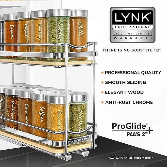 LYNK PROFESSIONAL® Élite™ Pull Out Spice Rack Organizer for Inside Kitchen Cabinets - 4-1/4 inch Wide - Slide Out Drawer – Wood/Chrome Sliding Spice Cabinet Organization Shelf Racks - 2 Tier