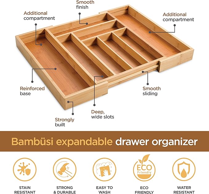 Bamboo Expandable Drawer Organizer for Utensils - Adjustable Cutlery Tray with Dividers for Silverware, Flatware, and Knives in Kitchen, Bedroom, or Living Room Storage