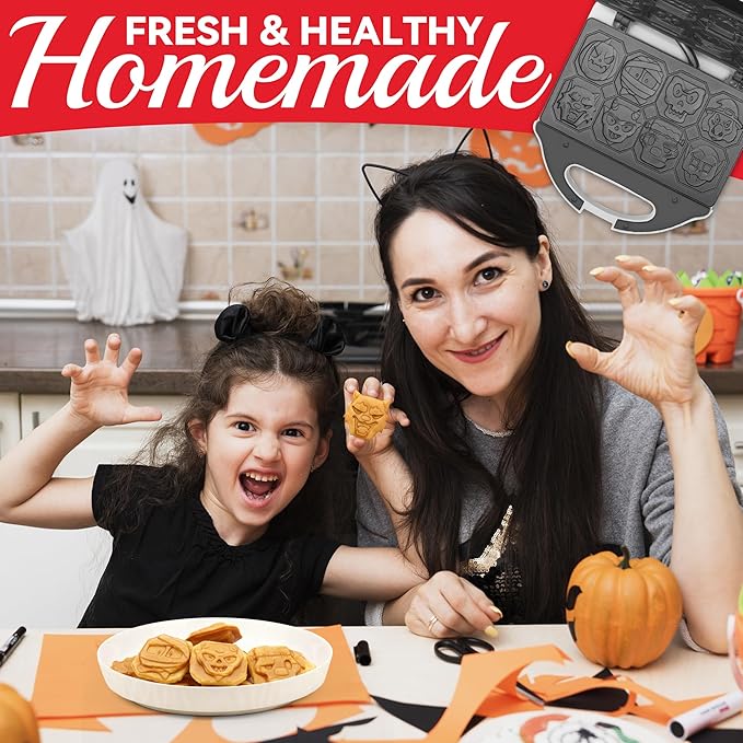 Character Waffle Maker for Halloween, 8 Different Spooky Designs, Electric Waffler Iron Featuring a Pumpkin Wolf Face Mummy Ghost Witch Vampire & More, Halloween Kitchen Decor, White