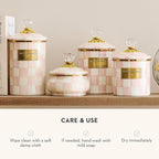 MACKENZIE-CHILDS Medium Enamel Canister, Kitchen Storage Container for Flour and Sugar, 1.42 Liters, Pink-and-White Rosy Check