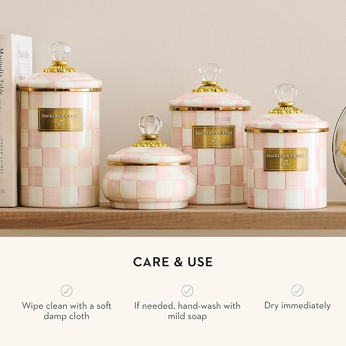 MACKENZIE-CHILDS Medium Enamel Canister, Kitchen Storage Container for Flour and Sugar, 1.42 Liters, Pink-and-White Rosy Check
