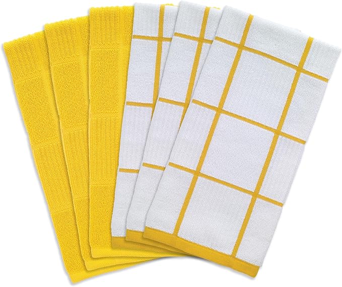 T-fal Solid & Checked Parquet Kitchen Towels: Highly Absorbent, Super Soft Long Lasting - 100% Cotton, 16"x26" Dish Towels for Cleaning & Drying Dishes, Pans, Glassware, Countertops, 6-Pack, Lemon