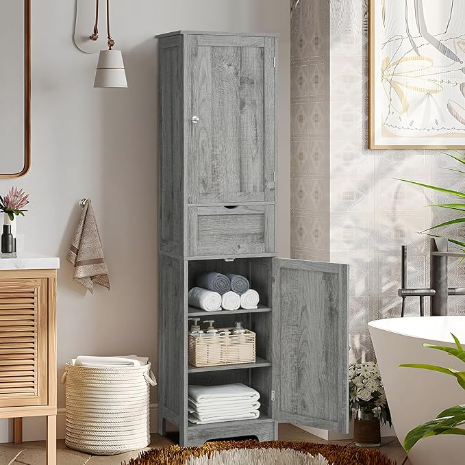 Iwell 67" Tall Bathroom Cabinet with Adjustable Shelves & 1 Drawer, Storage Cabinet with 2 Doors, Narrow Tall Cabinet, Floor Cabinet for Bathroom, Living Room, Home Office, Grey