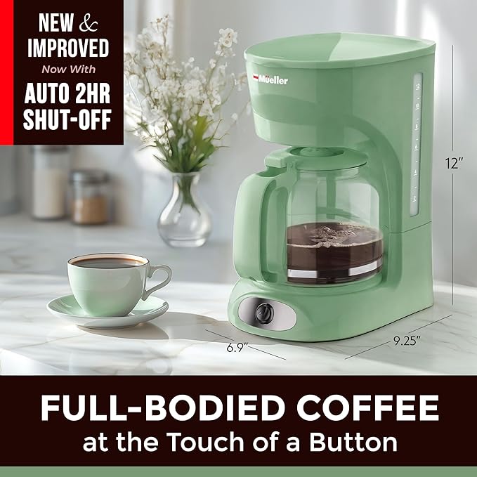 MUELLER HOME 12-Cup Drip Green Coffee Maker, Borosilicate Carafe, Auto-Off, Reusable Filter, Anti-Drip, Keep-Warm Function, Clear Water Level Window, Green Kitchen Accessories & Décor