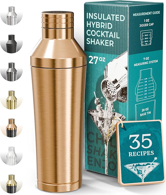 Insulated Cocktail Shaker Set | Double Wall Stainless Steel | Martini Shaker for Home Bar Bartending | Built-in Drink Measurement System & Strainer, Travel Bag, 35 Recipes | Gift Set (Copper)