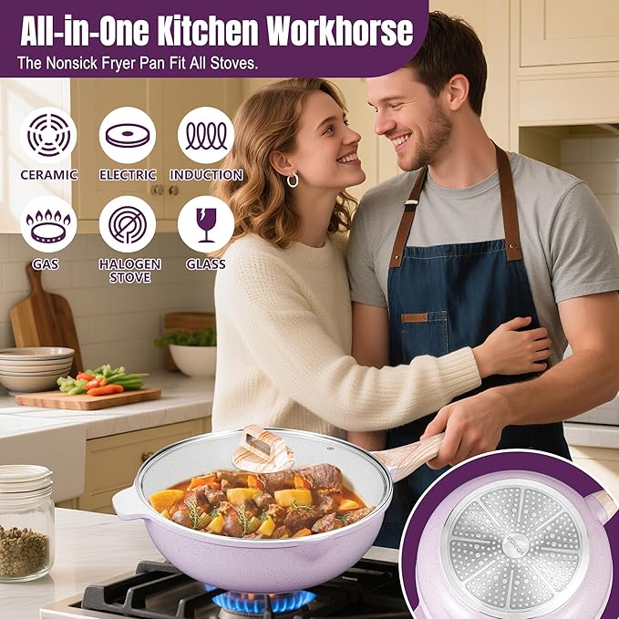 AOSION 12 Inch Nonstick Ceramic Deep Frying Pan,5.5QT Sauté Pan with lid,Large Skillet with Steam Rack,Healthy Jumbo Cooker,Stay Cool Handle,Induction Compatible, PFOA & PFAS Free. (PURPLE)