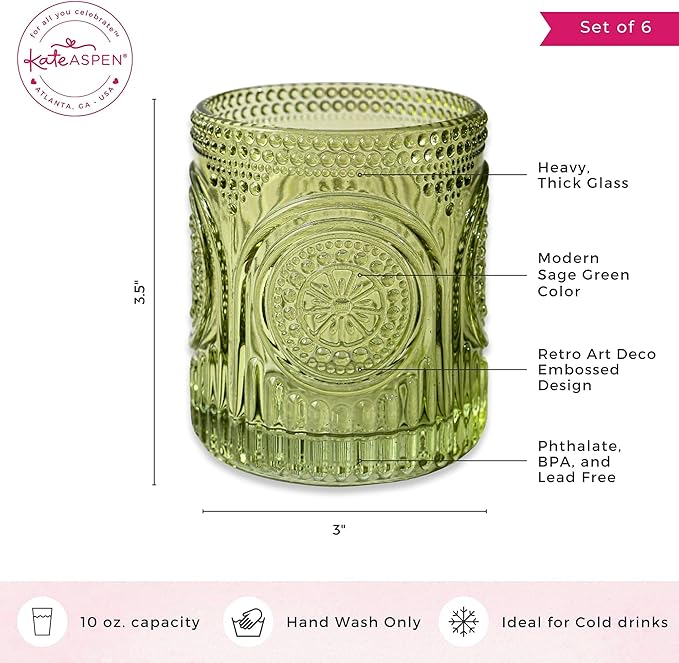 Kate Aspen Retro Arch Floral Green Drinking Glasses Set of 6-10 oz Vintage Beaded Glassware, Perfect for Water, Cocktail, Juice