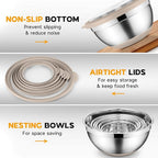 Mixing Bowls with Lids Set of 6, Large Metal Nesting Mixing Bowls, Stainless Steel Non-Slip Salad Bowl Khaki – Size 1, 1.5, 2, 2.6, 3.5, 7QT