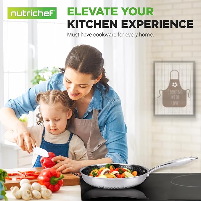 NutriChef 12" Stainless Steel Frying Pan - Triply Hybrid Skillet w/DAKIN Etching Non-Stick Coating, Scratch-resistant Raised-up Honeycomb Fire Textured Pattern, NC3PL12