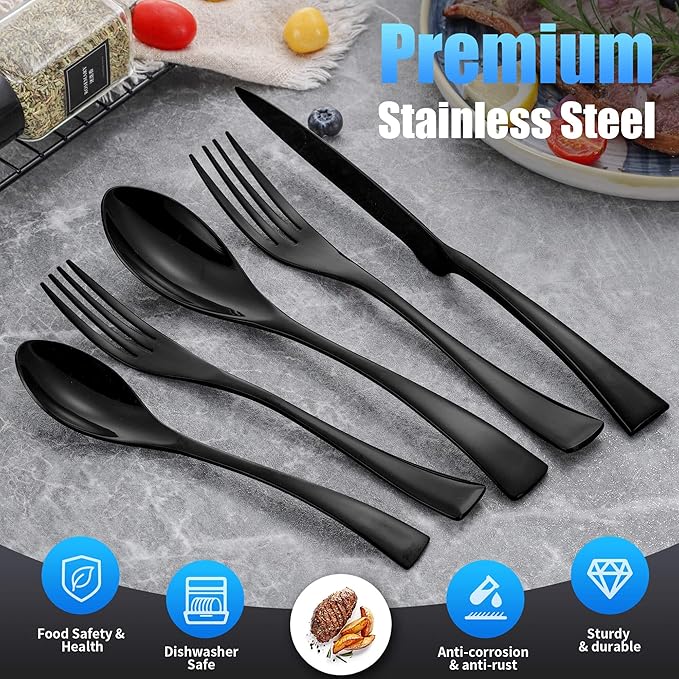 Lemeya 20-Piece Black Silverware Set for 4,Heavy Duty 18/10 Stainless Steel Flatware Set with Forged Stand Knife,Modern Cutlery Utensil Set,Forks Spoons and Knives Set,Mirror Polished,Dishwasher Safe