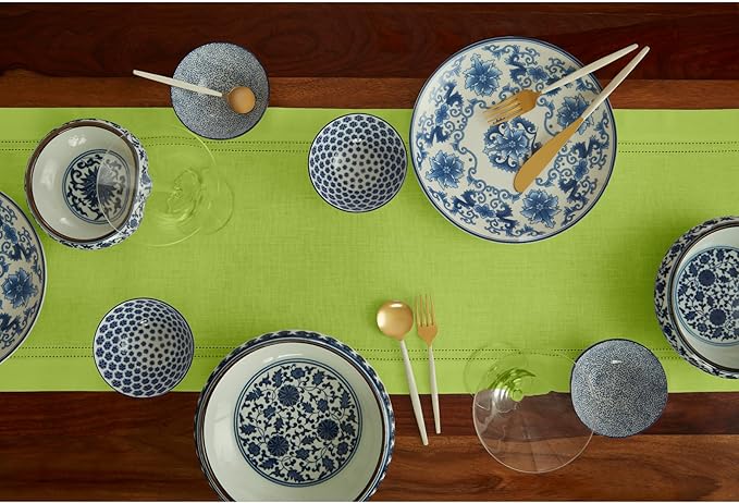 Solino Home Linen Table Runner 90 Inches Long - Double Hemstitch 100% Pure Linen Lime Green Dining Table Runner 14 x 90 Inch for Summer