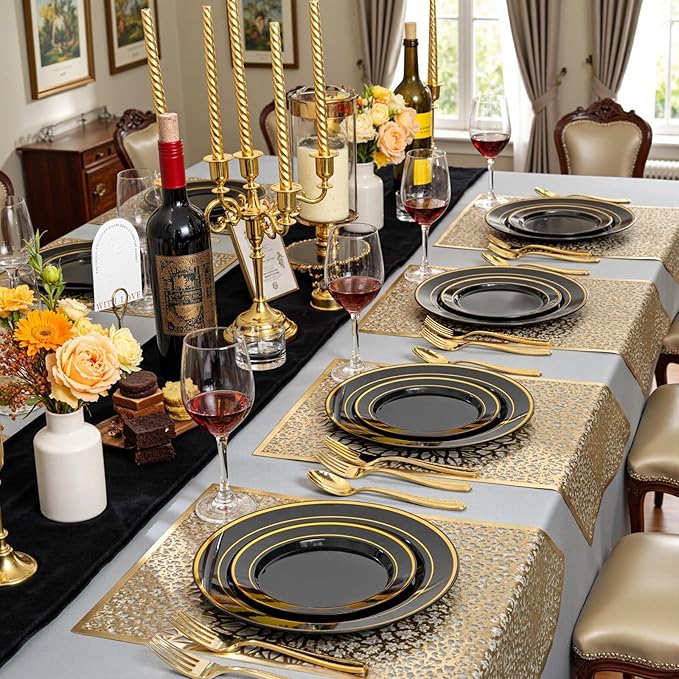 WDF 200PCS Black and Gold Plastic Plates - Black Plates Disposable for Party - Heavy Duty Plastic Plate for Halloween/New Year