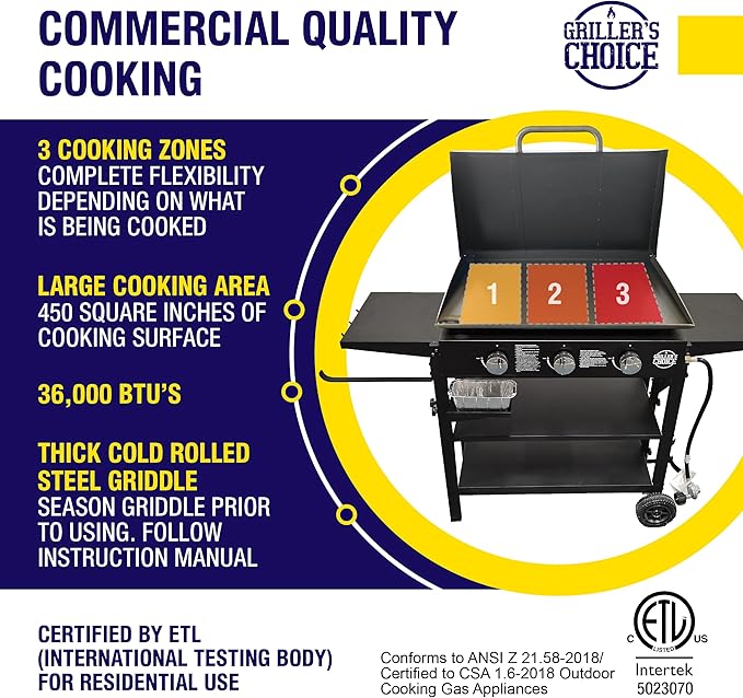 Griller's Choice Gas Griddle with Hinged Hood & Wind Guards, 4 Shelves, Propane Griddle for Flat Grills Outdoor Cooking, Front Grease Management, Steel Flattop Grills Surface, Precision Heat Control