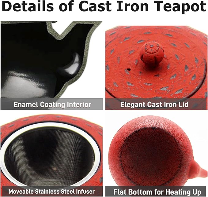 YJX 60.9 fl oz Cast Iron Teapot, Large Tea Kettle for Stove Top, Red Tea Pot with Stainless Steel Infuser for Loose Tea, 1.8L Japanese Enameled Metal Teapot