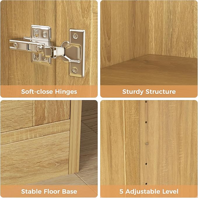 Kitchen Pantry Cabinet, 67" Tall Rattan Storage Cabinet with Doors and Adjustable Shelves, Wooden Linen Pantry Cupboard for Small Spaces Laundry Room Bathroom, Food Snack Towels Storage, Oak