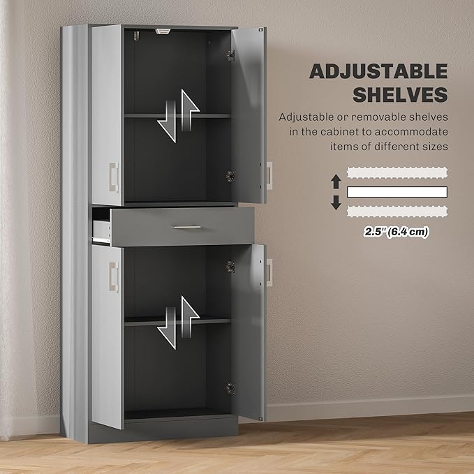 HOMCOM 71" Kitchen Pantry Cabinet with Drawer and Adjustable Shelf, Freestanding Tall Storage Cabinet with 2 Double Door Cupboards, Gray