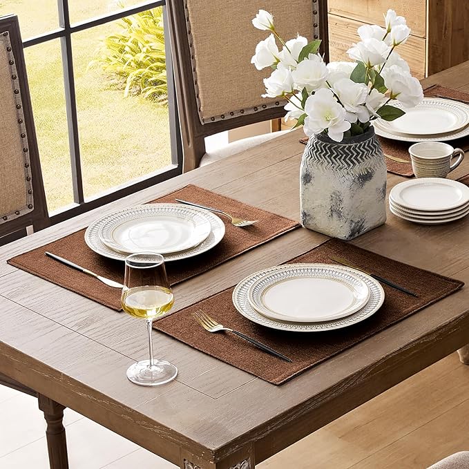 Romanstile Cloth Placemats Set of 6-12 x 18 Inch, Heat Resistant Double Layered Thickened Burlap Place Mats, Washable Linen Farmhouse Table Mats for Kitchen/Dining/Party/Outdoor, Dark Brown